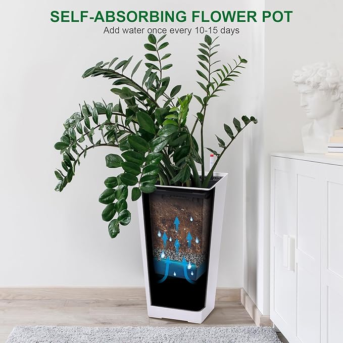 22.5" Tall Planters Set of 2, Outdoor＆Indoor Black Planter Pots, High Front Porch Planter Pots with Drainage Holes＆Water Level Monitor＆Inner Bucket, Automatic Watering, White-CasaMuseHome