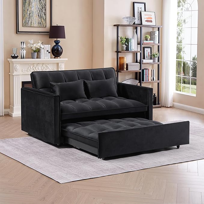 3 in 1 Convertible Sleeper Sofa Bed,Futon Loveseat Couch with Pull-Out Bed & Adjustable Backrest,Velvet Fabric Sofa with Side Pocket for Small Apartment, Living Room, Office (Black)-CasaMuseHome