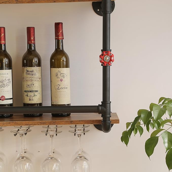 41 Inch Wine Rack Wall Mounted 2 Tier, Hanging Floating Bar Liquor Shelves with Glass Holder Storage Under, Industrial Rustic Pipe Farmhouse Kitchen Decor Black-CasaMuseHome