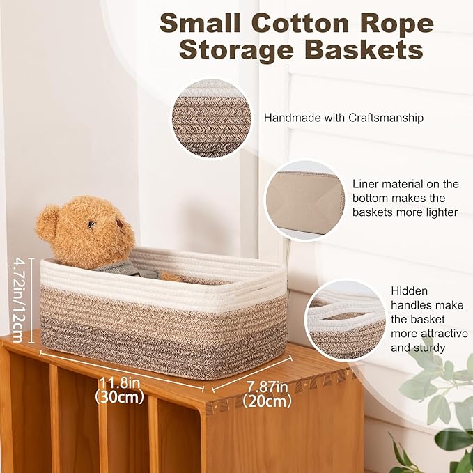3 Pack Small Storage Baskets for Organizing, Cute Woven Decorative Gift Baskets for Shelves, Mini Closet Organizer Bins with Handles, 11.81''Lx7.87''Wx4.72''H-Brown White-CasaMuseHome