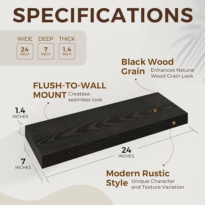 24 inch Floating Shelves Long Floating Shelves for Wall Large Wall Mounted Shelves with Invisible Brackets, Black Shelves for Bathroom, Living Room, Kitchen, Office, 24x6.7 inch deep Set of 2-CasaMuseHome
