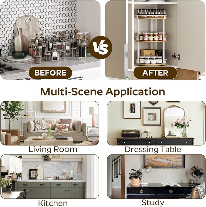 3-Tier Lazy Susan Organizer, Rotating Spice Rack, Spinning Organizer, Industrial Turntable Spice Rack Organizer for Cabinet, Kitchen Countertop, Pantry, White and Natural SR23WN-CasaMuseHome