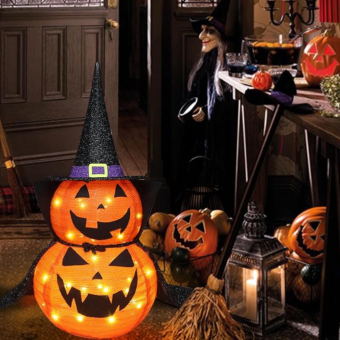3FT Halloween Collapsible Pumpkin Decoration, 50 LED Pop-Up Pumpkin Lamp with Star Cap, Plug in Halloween Jack-O-Lantern with Metal Stand for Indoor Outdoor Garden Patio Party Decor-CasaMuseHome