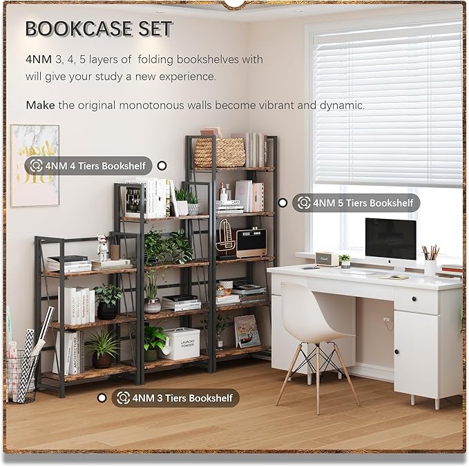 4NM No Assembly Foldable Bookshelf, 5-Shelf Collapsible Bookcase Storage for Small Spaces, 62.2" H, Rustic Brown and Black-CasaMuseHome