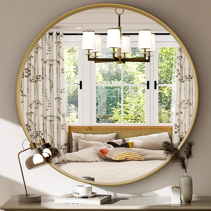 30 Inch Round Bathroom Mirror - Wall Mounted Circle Mirror with Metal Frame, Modern Mirror Suitable for Bathroom, Vanity, Entryway, Living Room, Wall Decor,Gold-CasaMuseHome