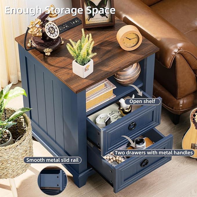 18" Farmhouse Night Stands Set of 2 with Charging Station, 2 Drawers End Table Dresser for Bedroom, Blue Wooden Nightstand, Bed Side Table with Open Shelf, Bedside Cabinet for Living Room-CasaMuseHome