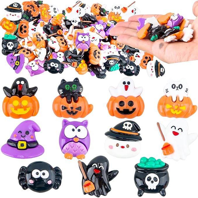 65 Pcs Mini Halloween Figurines Bulk Miniatures Resin Pumpkin Ghost Candy Hat Halloween Garden DIY Accessories for Halloween Decoration Goodie Bags Stuffers, 10 Styles-CasaMuseHome