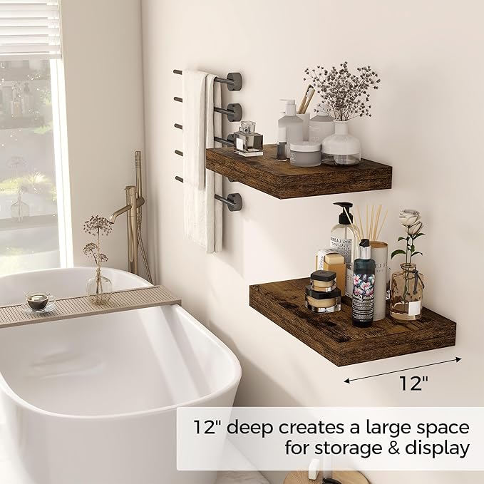 12 Inch Deep Floating Shelves, 16 x 12 Floating Shelf for Books, Rustic Wood Deep Wall Shelves for Home Storage & Display, 2" Thicked Shelves for Kitchen, Living Room, Bedroom, Rustic Brown, 2 Pack-CasaMuseHome