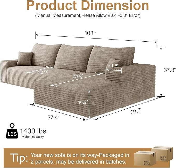 108" Sectional Couches for Living Room Modern Modular Sofa with L-Shape Couchs Upholstered Boneless Couch Deep Seat Sectional Couch with Chaise (Camel, Right Facing Chaise+2Seaters)-CasaMuseHome