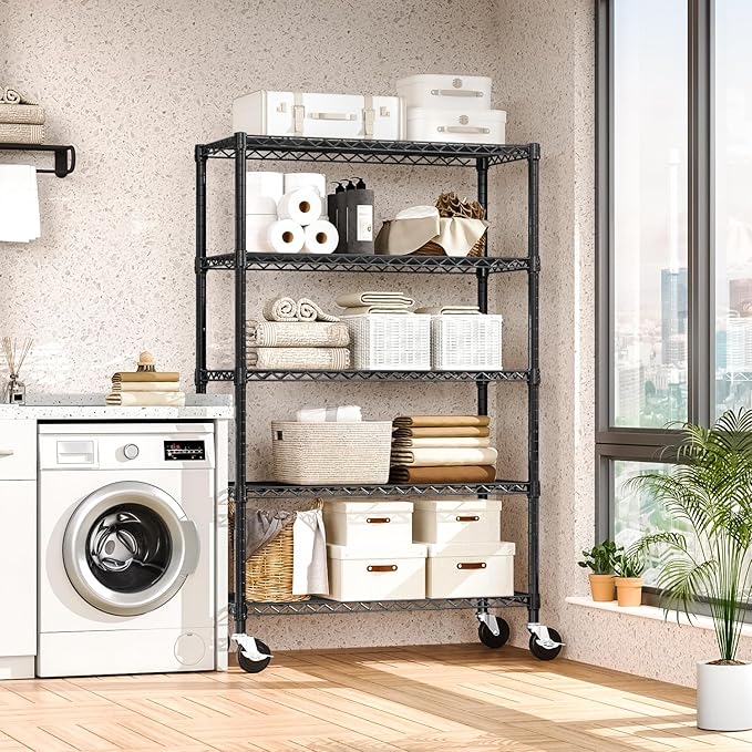 5-Shelf Storage Shelves,Wire Shelving Heavy Duty Metal Storage Shelving Unit Adjustable Garage Shelving Rack Pantry Kitchen (Black, 5 Tier,17.7" D x 47.2" W x 76.7" H)-CasaMuseHome