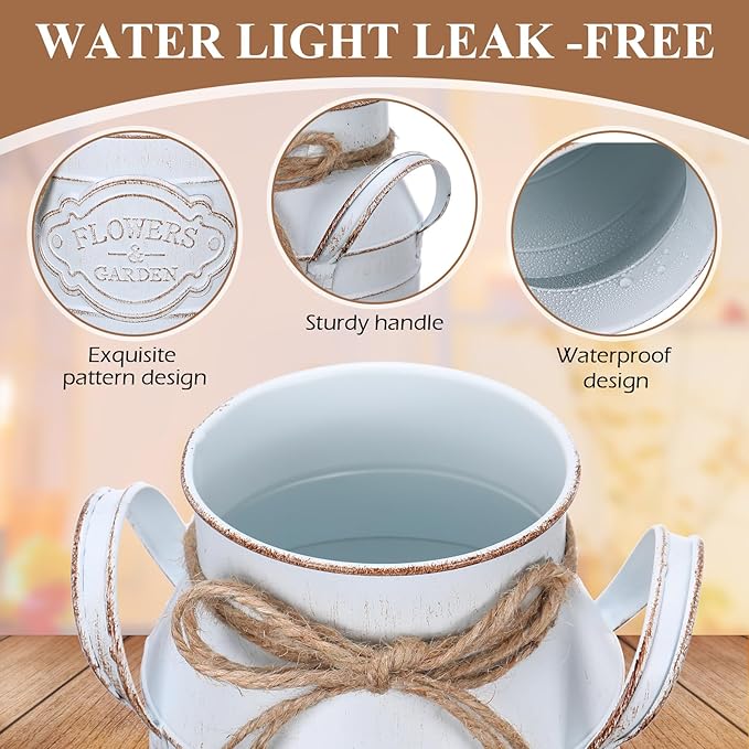 6 Inch Farmhouse Vase Decor Milk Can Vintage Flower Jug Galvanized Metal Vase with Handle Rustic Flower Buckets for Thanksgiving Christmas Table Centerpiece Weddings Gifts(Retro White,2 Pcs)-CasaMuseHome