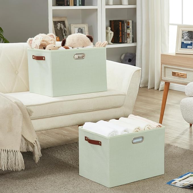 3-Pack Foldable Fabric Storage Bins with Durable PU & Metal Handles, Collapsible Storage Baskets for Shelves, Home Storage, Closet Organizers, Living Room(17"x11.8"x11.8", Sage Green)-CasaMuseHome