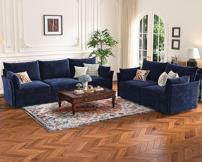 136.4" Oversized Modular Sectional Sleeper Sofa Bed, U Shaped Convertible Couch with Movable Ottoman, Large 8 Seat Corner Couches for Living Room Deep Seat Blue Chenille-CasaMuseHome