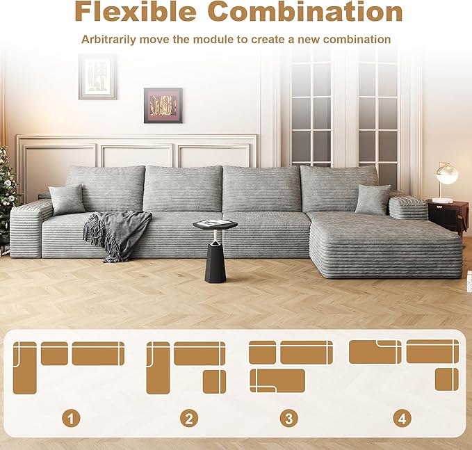 136" Sectional Couches for Living Room Modern Modular Sofa with L-Shape Couchs Upholstered Boneless Couch Deep Seat Sectional Couch with Chaise (Grey, Right Facing Chaise+3Seaters)-CasaMuseHome