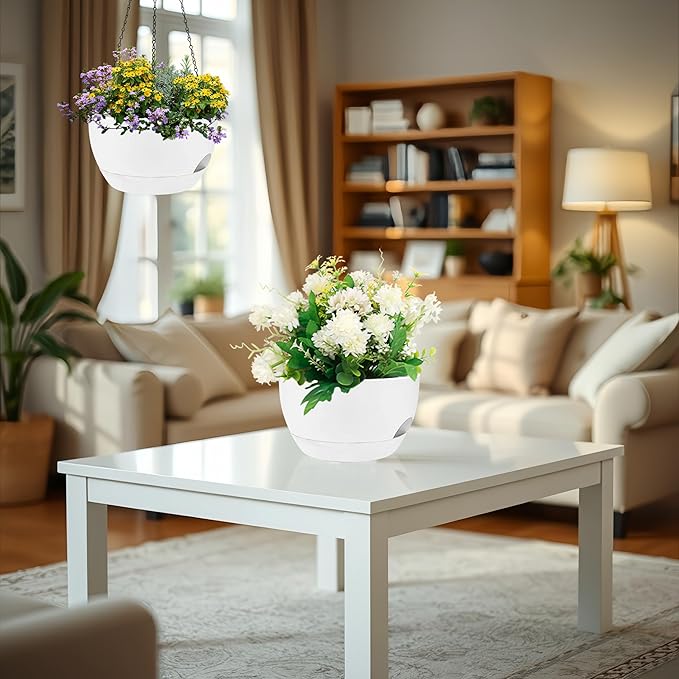 2 Pack 12 Inch Large Hanging Planters with Chains Self Watering White Plastic Hanging Pots for Indoor Outdoor Plants, Garden Porch Home Decor，White-CasaMuseHome