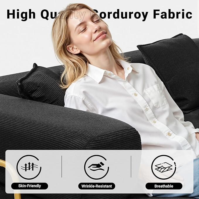 108" Oversized Convertible Sleeper Sofa Bed, Corduroy L Shape Sectional Couch, Folding Sofa Bed with Side Pocket, Modern Cloud Floor Mattress Couch, Modular Sofa for Living Room, Black-CasaMuseHome