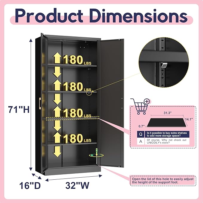 71" Storage Cabinet, Metal Pantry Cabinet, Kitchen Pantry Storage Cabinets with Doors and 4 Shelves for Laundry Room, Living Room, Dinning Room, Assembly Required, Black-CasaMuseHome