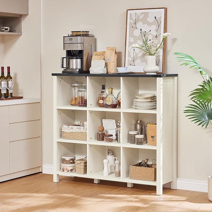 9 Cube Bookcase, Farmhouse 47 Inch Wide White Bookshelf, Wooden 3 Tier Display Large Open Book Shelf, Vintage Horizontal Book Case for Home Office, Cubby Storage Cabinet for Living Room-CasaMuseHome