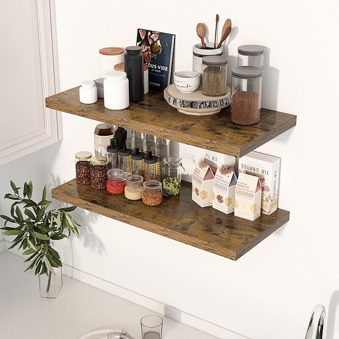 30" Floating Shelves for Wall, 12" Deep Slim Rustic Brown Floating Shelves, Wall-Mounted Shelves for Bedroom, Living Room, Kitchen, Bathroom - Set of 2-CasaMuseHome