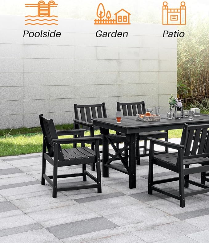 7 Pieces HDPE Outdoor Dining Set, Patio Dining Set with Umbrella Hole, All Weather Outdoor Dining Table Sets for 6, HDPE Patio Furniture Sets for Deck, Backyard, Lawn, and Poolside, Obsidian-CasaMuseHome