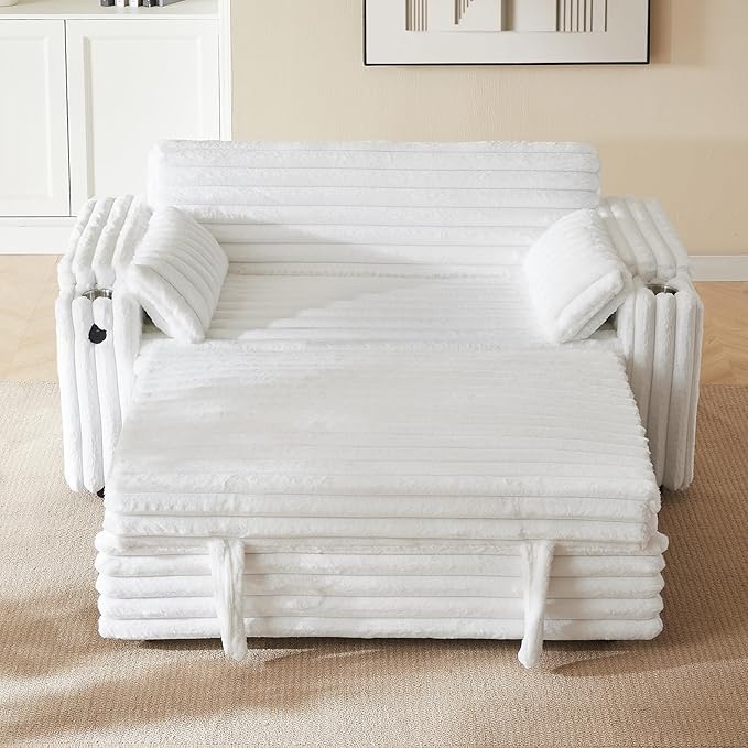 68.11" Corduroy Sleeper Chair Bed with USB Port, Cup Holders & Side Storage Pockets – 3-in-1 Foldable Sofa Bed for Guest Room, Living Room -White-CasaMuseHome