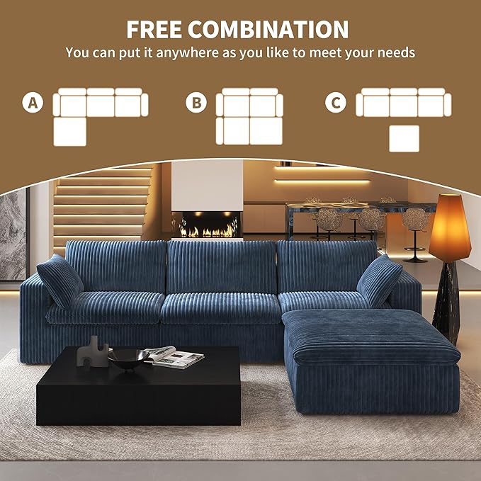118" L Shaped Modern Sofa Modular Sectional Cloud Couch with Ottoman,Deep Seat Upholstered Couches with Plush Corduroy Fabric for Living Room Furniture,Bedroom and Apartment,No Assembly Required,Blue-CasaMuseHome