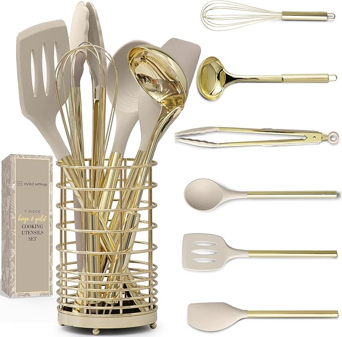 7-Piece Beige & Gold Kitchen Utensils Set – Non-Toxic Silicone & Stainless Steel Tools for Cooking, Serving, & Hosting – Ideal for Nonstick Cookware & Modern Kitchens, with Gold Utensil Holder-CasaMuseHome