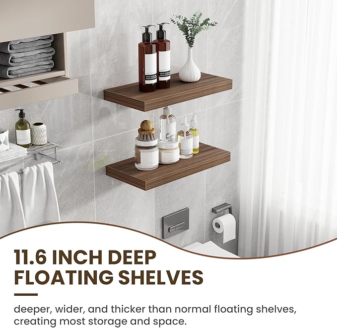 24 Inch Floating Shelves, 12 Inch Deep Floating Shelves for Wall, Floating Shelf with Invisible Brackets, Deep Shelves for Bathroom, Bedroom, Living Room, 2 Pack, Walnut-CasaMuseHome