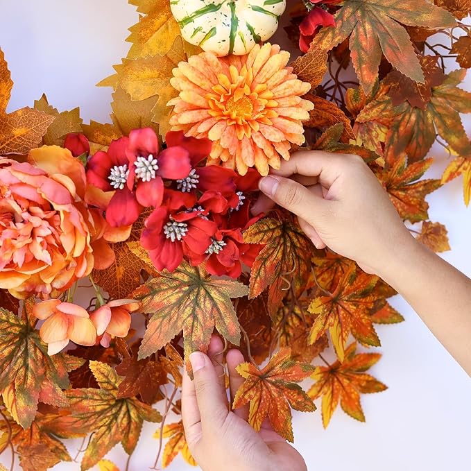 26" Fall Wreath for Front Door - Large Artificial Maple Leaves Fake Silk Peony Faux Pumpkin Outdoor Wreath for Porch, Window,Farmhouse,Home,Thanksgiving Day Harvest Festival Autumn Decor-CasaMuseHome