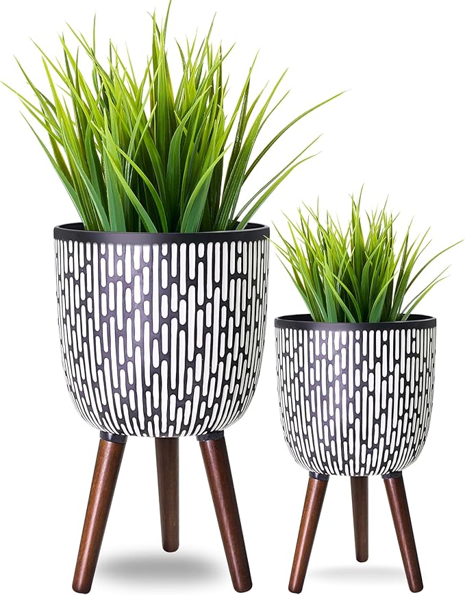 2 Set Plant Pot with Stand 10 & 12 inches, Mid-Century Large Planter with Legs for Indoor Plants, Boho Print Standing Plant Pot with Drainage Plug for Monstera, Herb, Succulent Flower Pot-CasaMuseHome