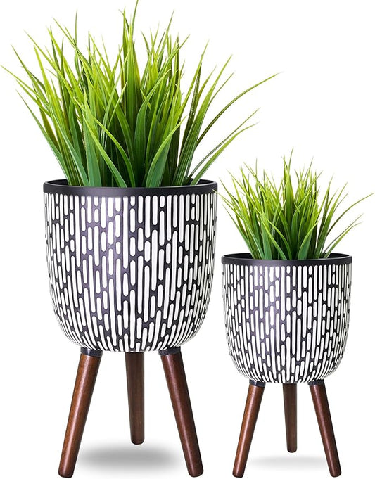 2 Set Plant Pot with Stand 10 & 12 inches, Mid-Century Large Planter with Legs for Indoor Plants, Boho Print Standing Plant Pot with Drainage Plug for Monstera, Herb, Succulent Flower Pot-CasaMuseHome