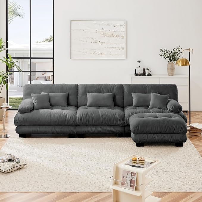 L Shaped Couch Sectional Couch, 3-Seater Cloud Couch Sectional Oversized Couch, Sofa Bed Couch with Round Bolster Armrests 5 Pillows, Modular Couch Home Sofa Living Room Couch(Gray)-CasaMuseHome