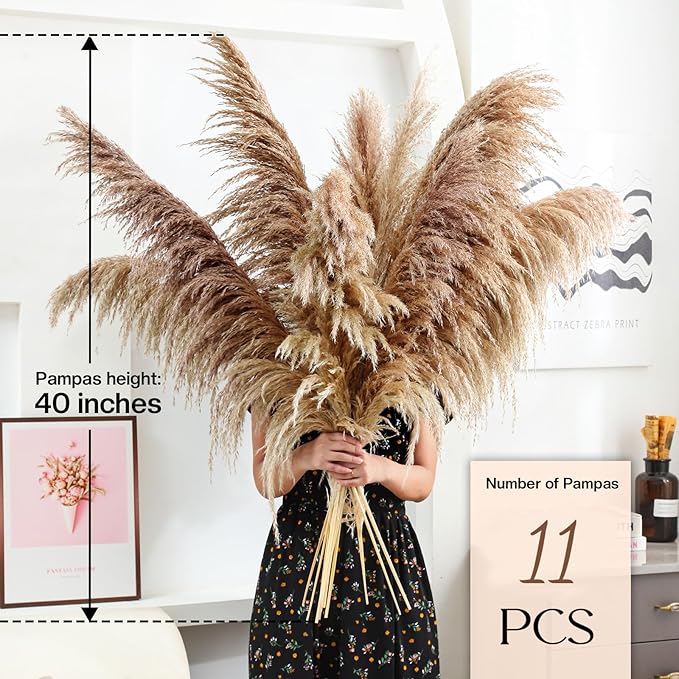 40" inch 11 Stems Natural Pampas Grass Tall Decor,Pompas Grass,Large Brown Tall Pampas Grass for Floor Vase,Wedding Decorations,Party,Boho Home Decor,and Creating a Boho Ambiance-CasaMuseHome