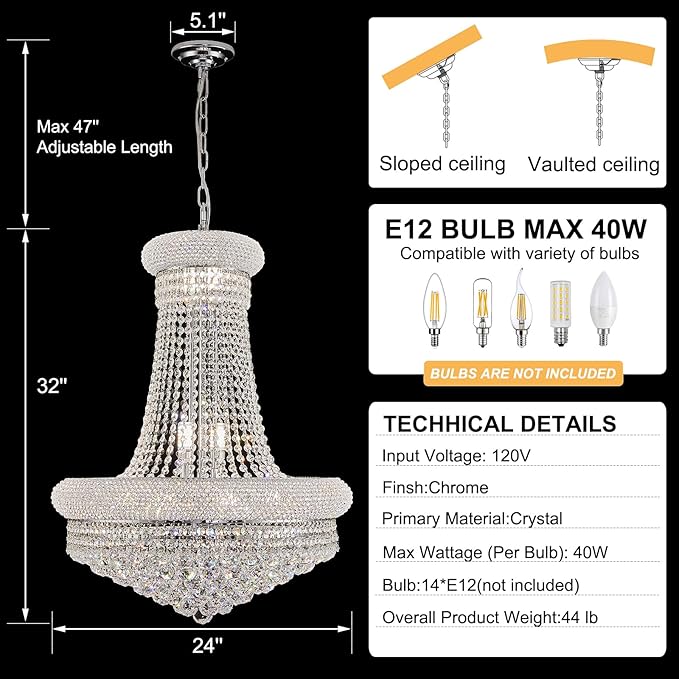 14 - Light Unique Empire Crystal Chandelier with Adjustable Chain for High Ceiling Foyer Entryway Living Room Dining Room Bedroom Chrome Finish-CasaMuseHome