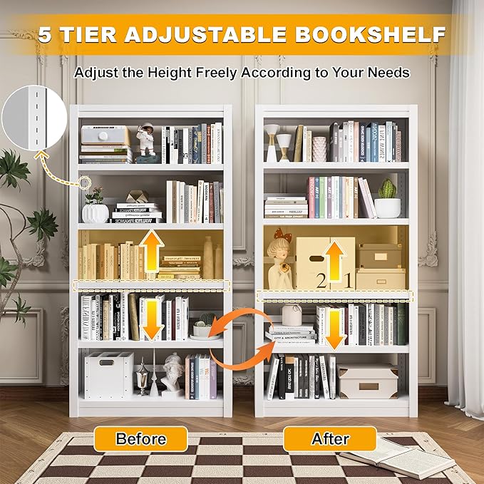 61" H Metal Bookshelf, 5 Tier Adjustable Bookshelf, White Small Bookcase, Bedroom Bookshelves and Bookcases, Modern Book Shelf for Living Room, Office, Easy Tool-Free Assembly-CasaMuseHome