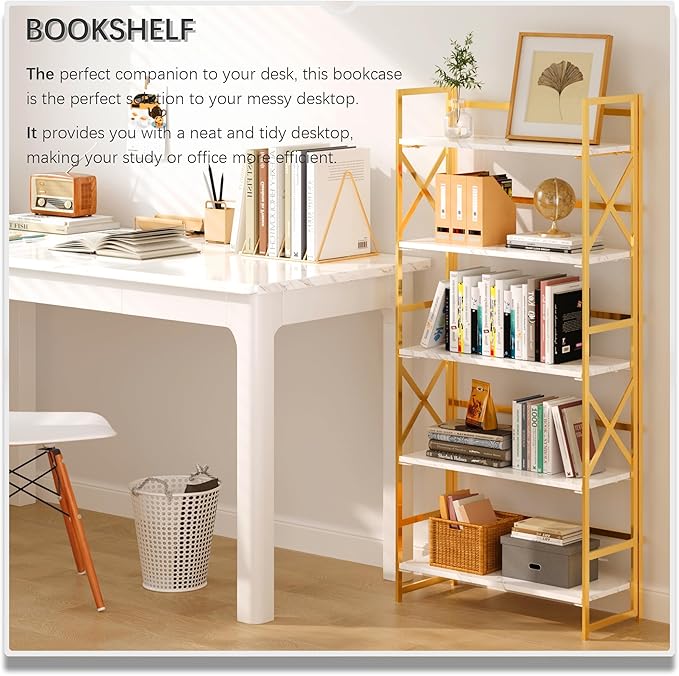 4NM 5 Tiers No Assembly Book Shelves, 51.2" H Folding Bookshelf Bookcase Open Industrial Foldable Shelves for Bedroom, Living Room, Home Office - White Gold-CasaMuseHome