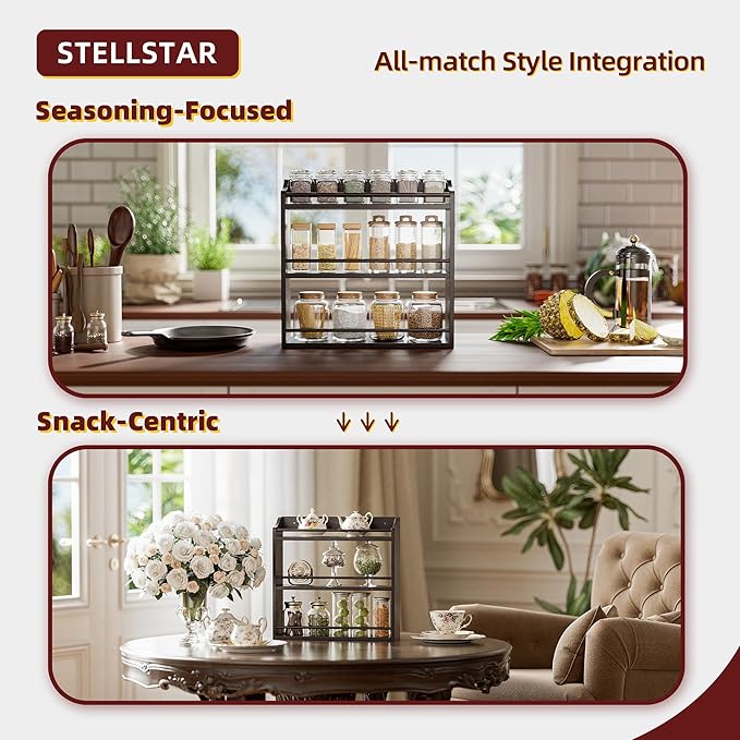 3 Tier Bamboo Wood Spice Rack, Seasoning Bottles Jars Organizer Shelf for Spices or Craft Supplies, Kitchen Counter or Wall Mounting (Brown)-CasaMuseHome