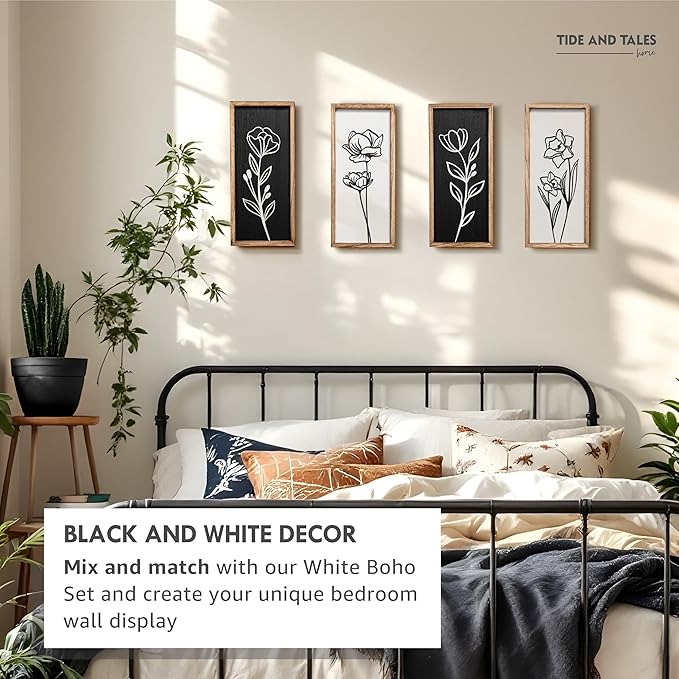 3D Black and White Wall Art (Set of 2) Lightweight, Wooden Ready-to-Hang Framed Floral Wall Art for Bathroom, Bedroom, Living Room or Office – Boho Botanical Farmhouse Decor – Gift-Boxed-CasaMuseHome