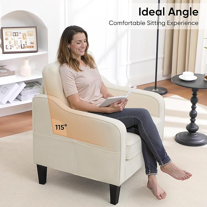 Accent Chairs Set of 2, Upholstered Living Room Chairs with Side Pockets, Mid Century Modern Reading Chair for Bedroom, Comfy Armchair Single Sofa Side Chair for Office, Small Room, Beige-CasaMuseHome