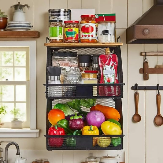 2 Tier Stackable Hanging fruit basket for kitchen counter,hanging Wall baskets with Bamboo Tops & Tag,Wire basket for Cabinet Shelf Countertop Pantry Organizer Bins, onion potato Vegs Bread Organizing-CasaMuseHome