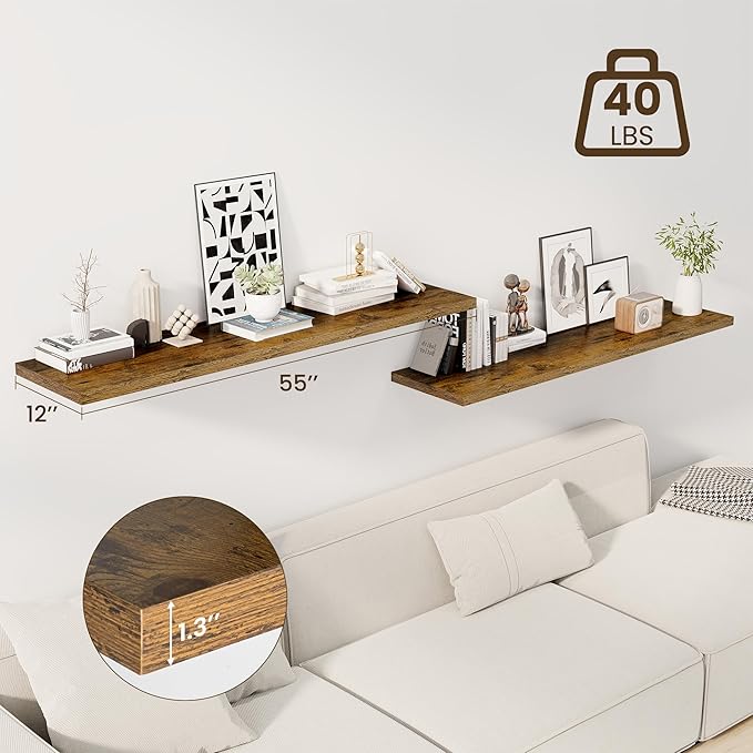 55" Floating Shelves for Wall, 12" Deep Slim Rustic Brown Floating Shelves, Wall-Mounted Shelves for Bedroom, Living Room, Kitchen, Bathroom - Set of 2-CasaMuseHome