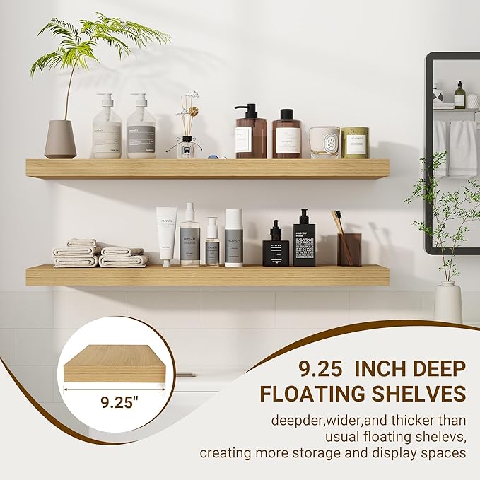 36 Inch Floating Shelves, 3D Textured Wood Grain, 36"x9.25"x1.5" Inch Deep Floating Shelves for Wall, Wooden Shelves for Bathroom, Bedroom, Living Room, Natural-CasaMuseHome