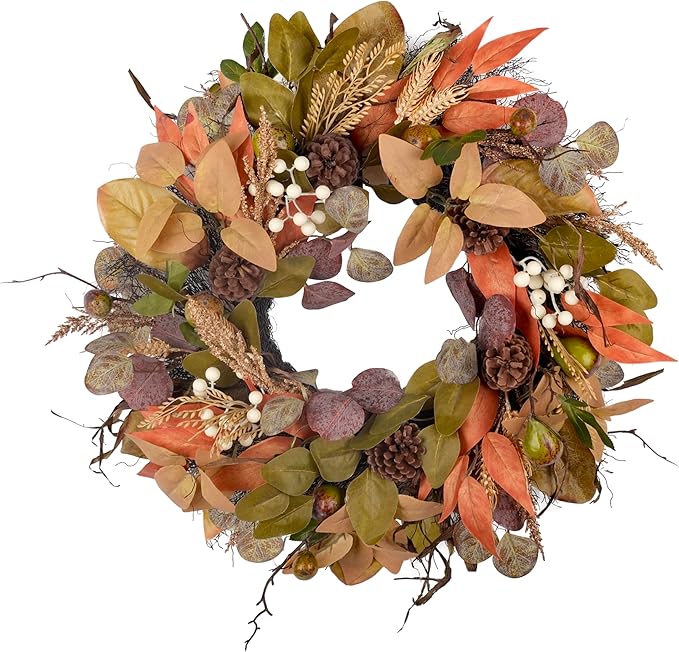 24" Fall Wreath for Front Door Handmade with Artificial Autumn Leaves, Natural Pinecones, Faux Berries and Wheat, Autumn Harvest Wreath Decoration for Home Farmhouse Door Wall Window Porch-CasaMuseHome