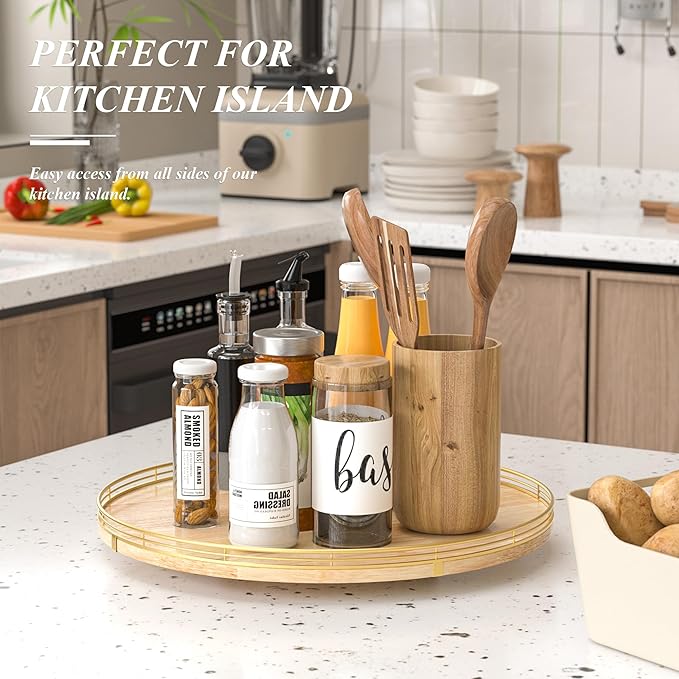 18 Inch Rustic Lazy Susan Turntable – Solid Oak & Iron Wood Rotating Tray for Dining Table, Kitchen Counter, Coffee Table – Farmhouse Style Large Wooden Lazy Susan Organizer for Home Décor-CasaMuseHome