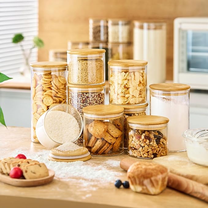 45oz - 3 Pack Glass Jars with Bamboo Lids, Glass Pantry Storage Containers with Airtight Lids, Round Air Tigh Food Storage Canisters for Cereal, Pasta, Flour, Sugar, Rice, Best for Kitchen Organizer-CasaMuseHome