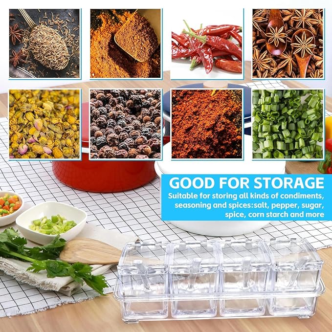 4-Cell Clear Seasoning Rack Spice Box, Storage Container Condiment Jars Acrylic Seasoning Box with Cover and Spoon (Enhanced Version Clear)-CasaMuseHome