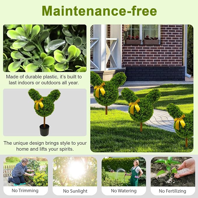 2 Pcs Artificial Bunny Shaped Topiary Trees, Artificial Green Boxwood Bunny Decorations with Gold Bow, Perfect for Indoor & Outdoor Front Porch, Easter& Garden Decor (Bunny Shaped Topiary Tree)-CasaMuseHome