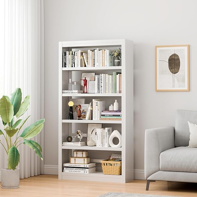 61" H Metal Bookshelf, 5 Tier Adjustable Bookshelf, White Small Bookcase, Bedroom Bookshelves and Bookcases, Modern Book Shelf for Living Room, Office, Easy Tool-Free Assembly-CasaMuseHome