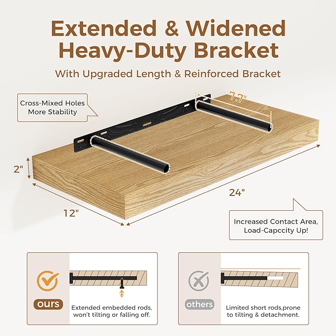 12 Inch Deep Floating Shelves, 24 x 12 Floating Shelf for Books, Rustic Wood Deep Wall Shelves for Home Storage & Display, 2" Thicked Shelves for Kitchen, Living Room, Bedroom, Oak Color, 1 Pack-CasaMuseHome