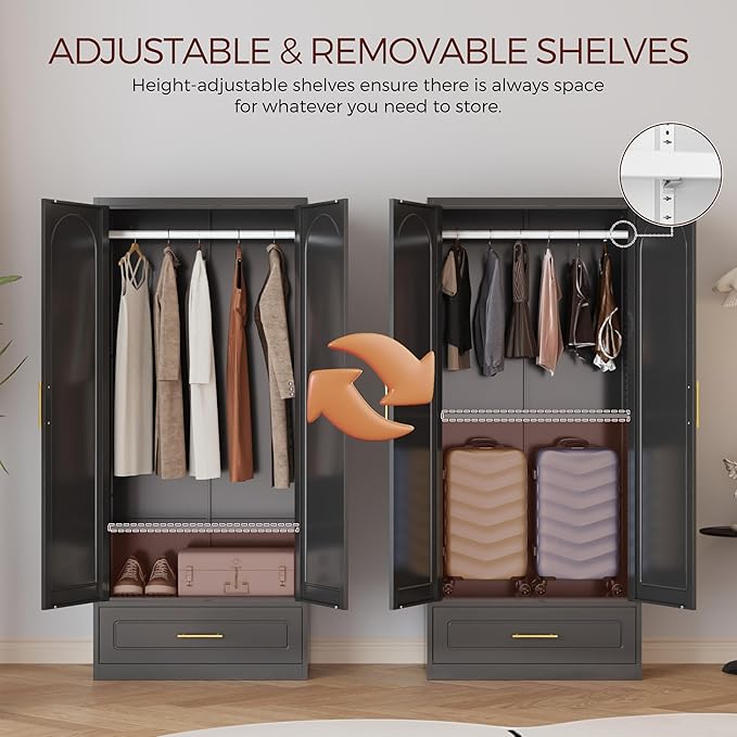 71" Metal Armoire Wardrobe Closet with 2 Doors and Drawer, Tall Wardrobe Cabinet with Hanging Rod and Adjustable Shelves, Black Clothing Storage Cabinets for Bedroom, Home Office-CasaMuseHome